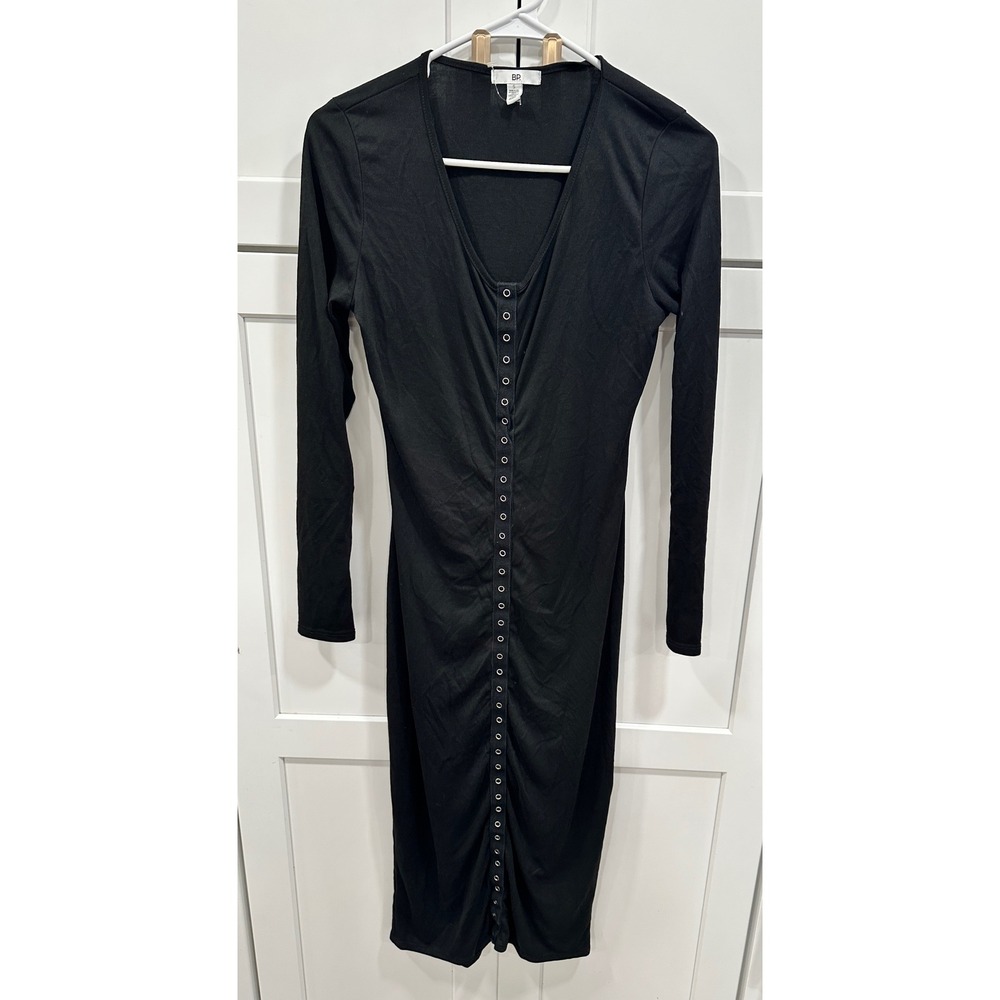 BP Ribbed V Neck Long Sleeve Snap Front Midi Dress‎ Black Size S